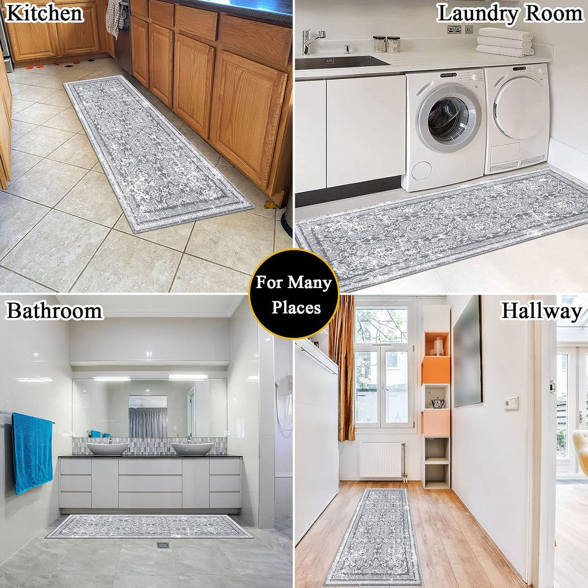 Vaukki Hallway Runner 2x6 ft, Grey Vintage Shaggy Soft Kitchen Rug