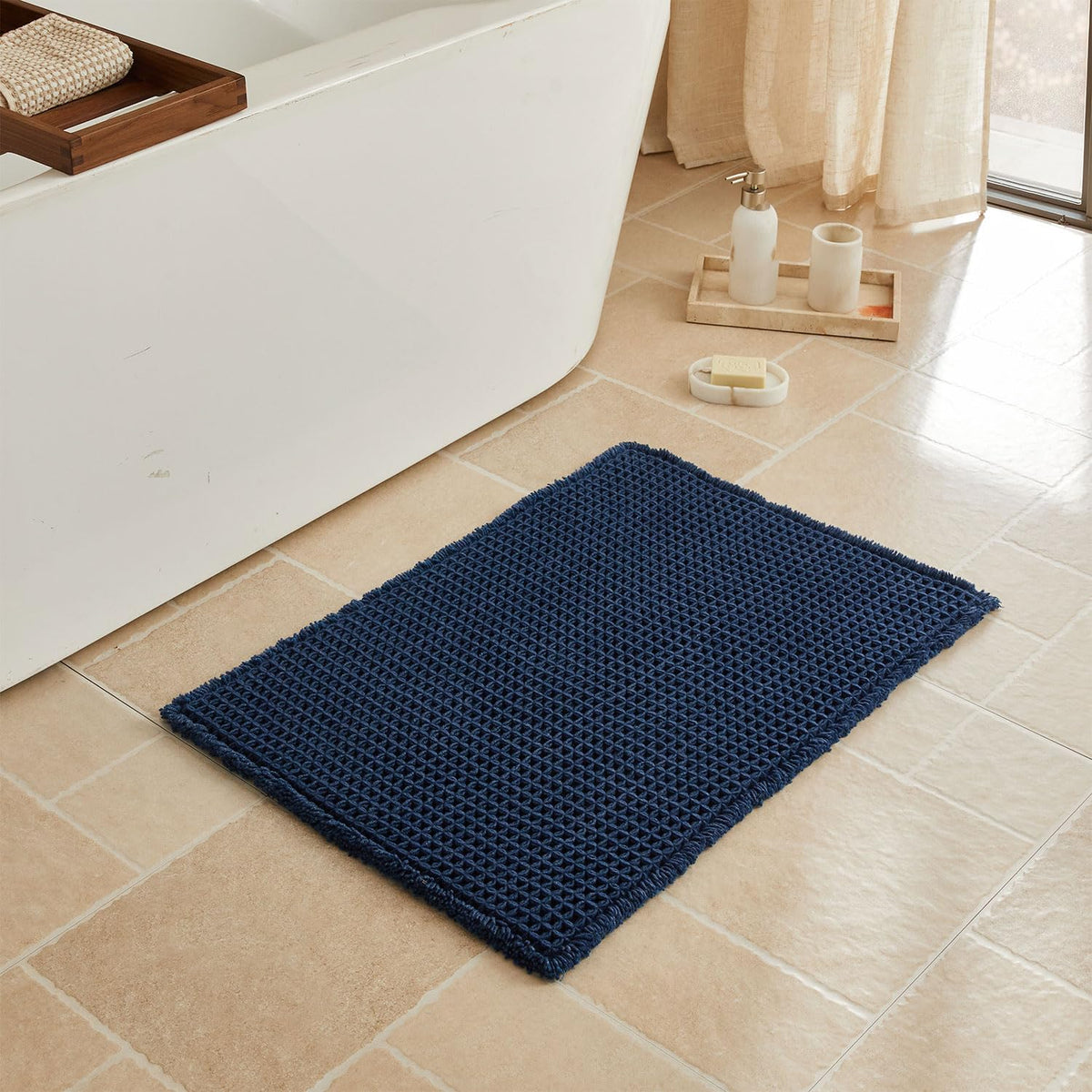 Triohero Waffle Bath Mat, Small Boho Bathroom Rugs Non Slip, 16x24 Khaki