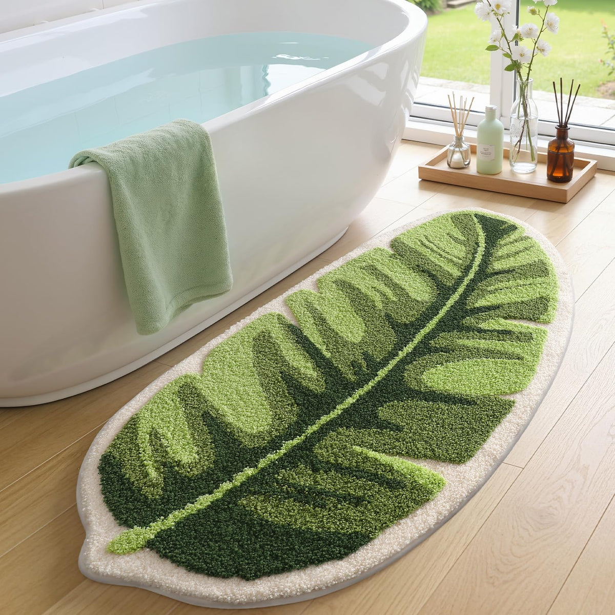 LUMI Bathroom Rug Green Leaf, Absorbent Non Slip Bath Mat, 23.5"x31.5"