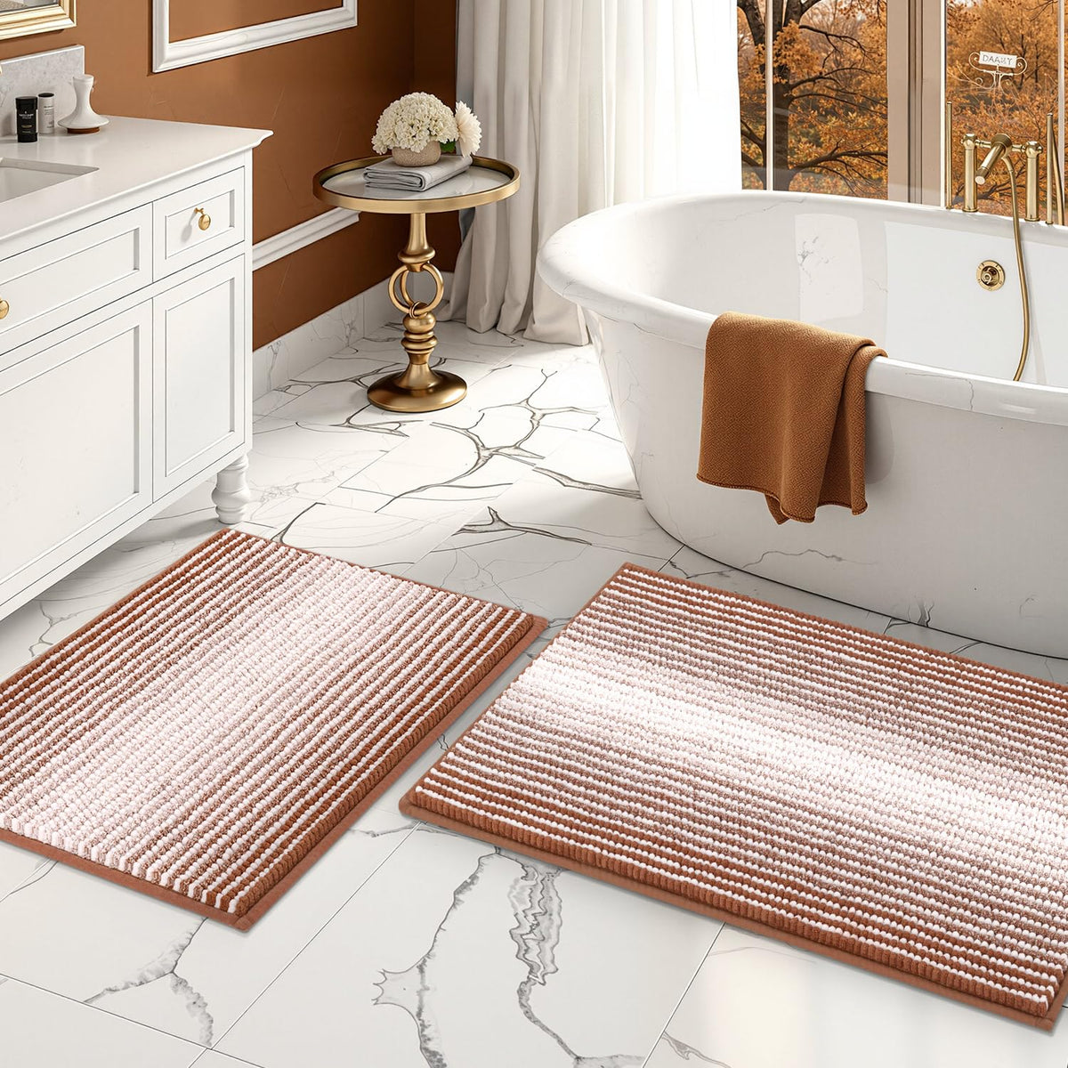 BSICPRO Bathroom Rugs Sets 2 Piece, Non Slip Boho Bath Mats, Beige