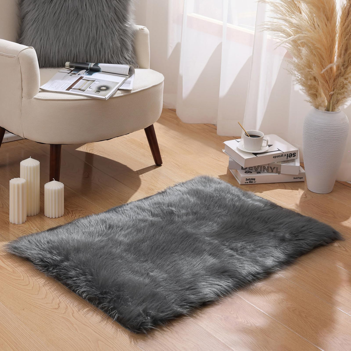 Ashler Faux Fur Rug, White, 2x3 Ft, Machine Washable
