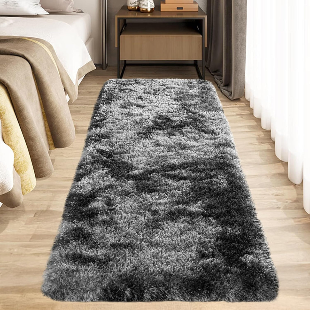 Zentavio 2x6 Runner Rugs for Hallway Shag Soft Bedroom Bedside Rugs Non Slip Fluffy Carpet for Kids Girls Boys Home Decor Aesthetic Dorm Nursery Tie-Dyed Black Grey