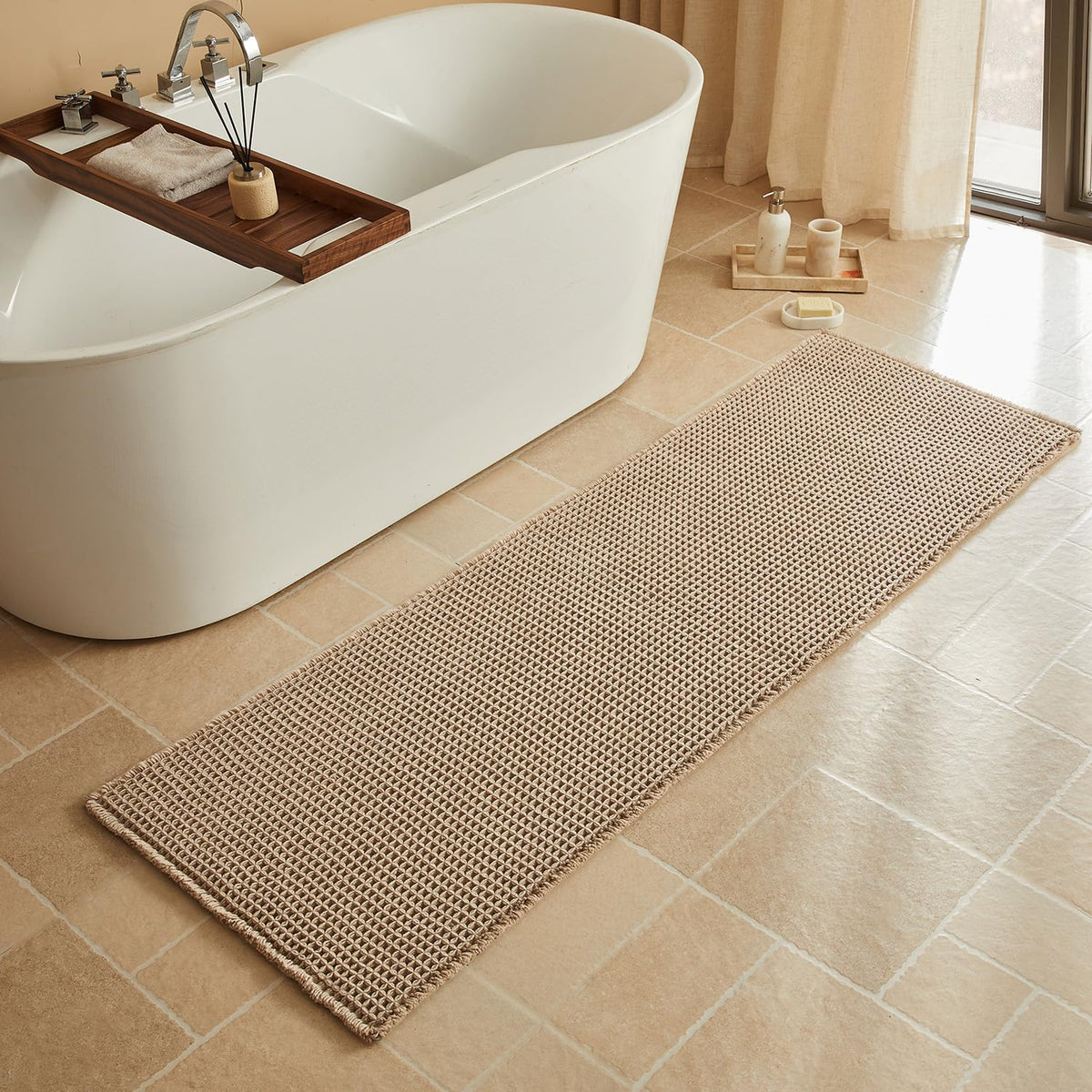 Triohero Waffle Bath Mat, Small Boho Bathroom Rugs Non Slip, 16x24 Khaki