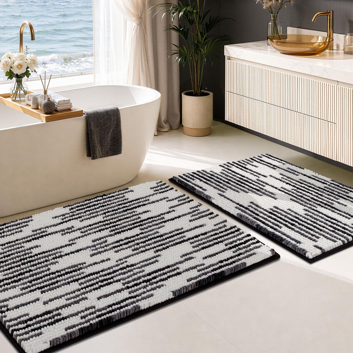 BSICPRO Bathroom Rugs Sets 2 Piece, Non Slip Boho Bath Mats, Beige