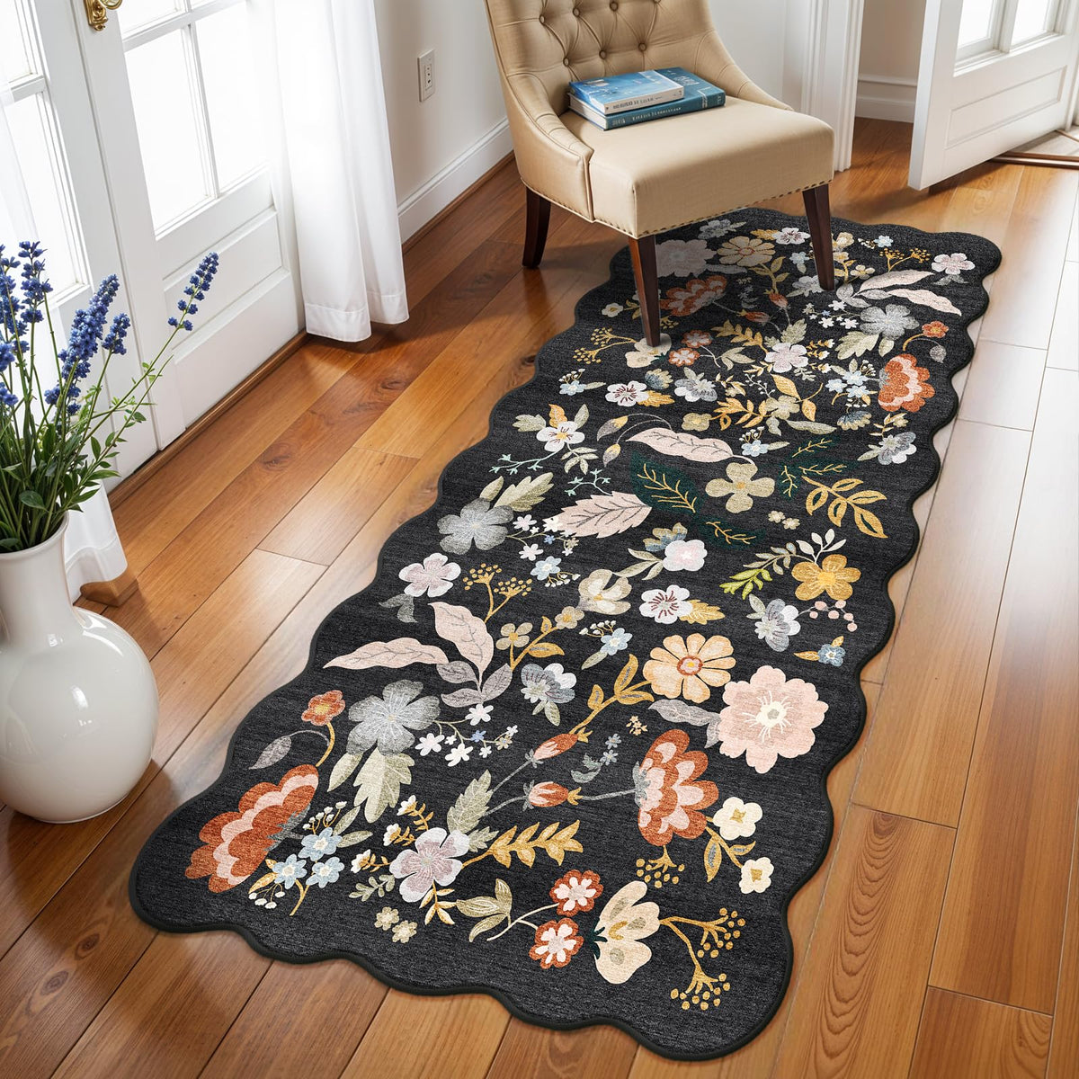 2x4 Rug Washable for Entryway - Non-Slip Scalloped Floral Throw Rug Black