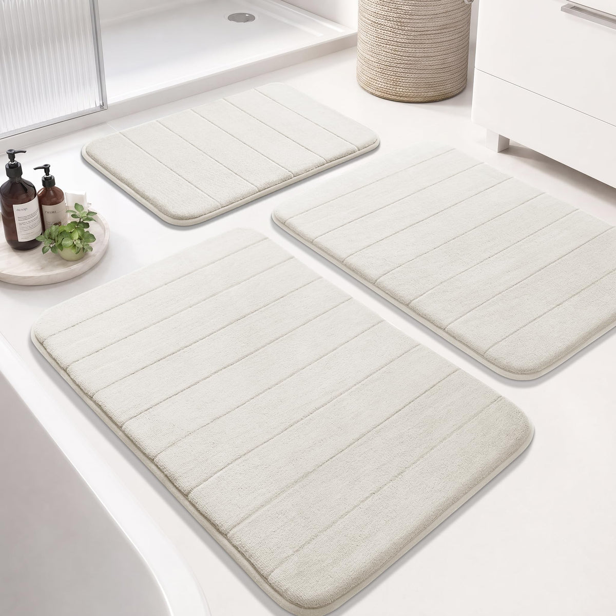 Yimobra Memory Foam Bath Mat Set 3 Pieces- Super Soft Absorbent Quick Dry Bathroom Rug Sets, Machine Washable Non Slip Floor Carpet for Tub Shower, Vanity & Toilet Base, Gray
