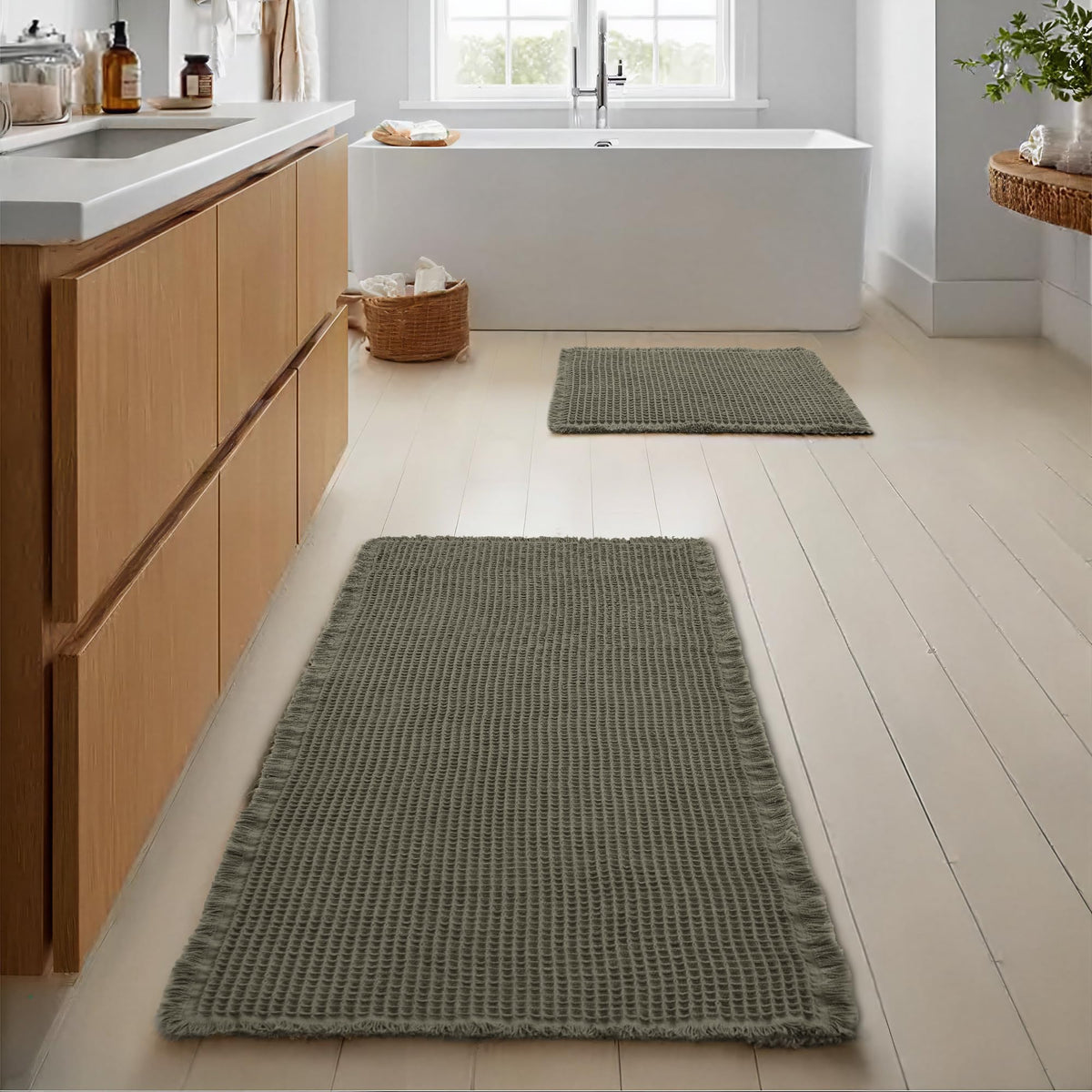 JIUZHEN Set of 2 Waffle Bath Mats Boho Bath Rugs 16"x24"+20"x32", Brown