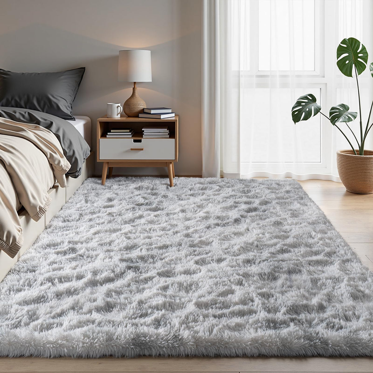 Zentavio 2x6 Runner Rugs for Hallway Shag Soft Bedroom Bedside Rugs Non Slip Fluffy Carpet for Kids Girls Boys Home Decor Aesthetic Dorm Nursery Tie-Dyed Black Grey