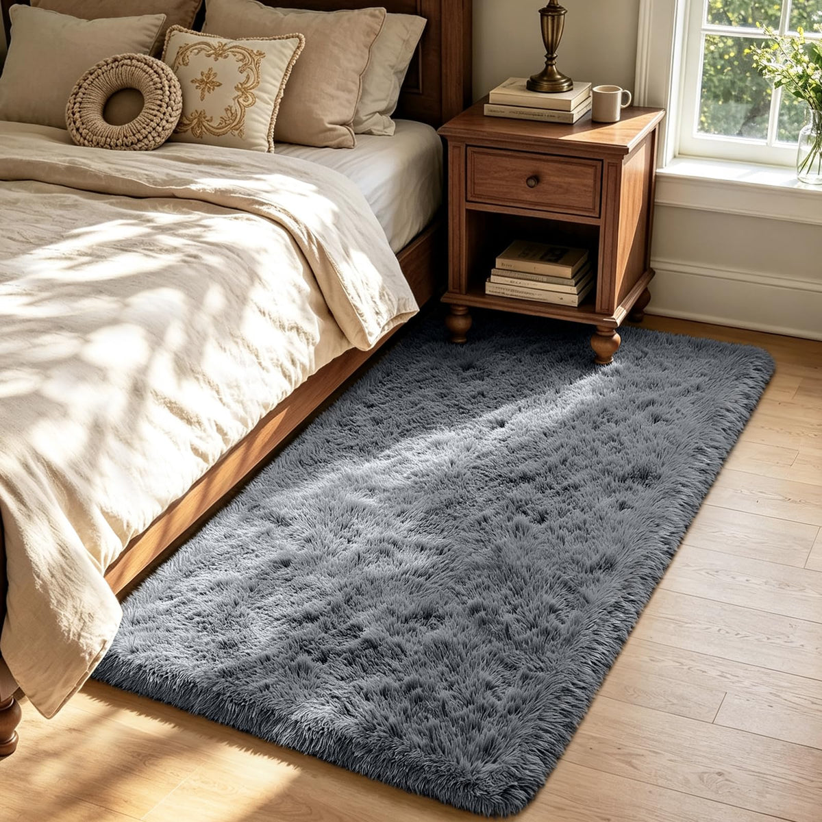 Beige 2x4 Area Rugs for Bedroom, Fluffy Shag Rug Small Rug Bedside Carpet
