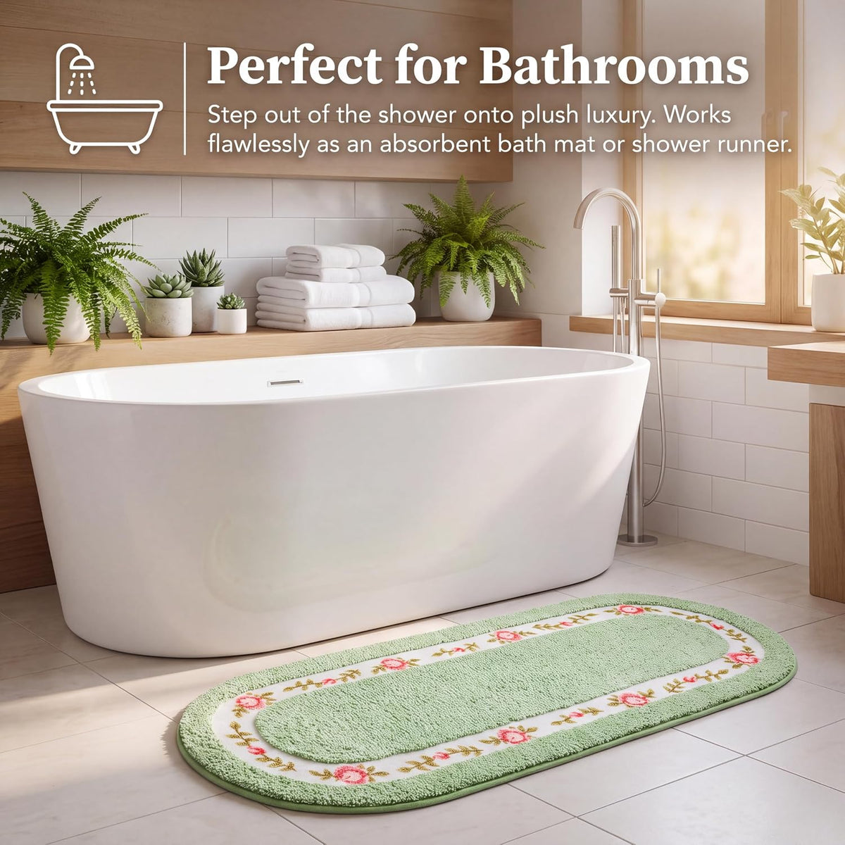 Stay Young Green Rose Area Rugs for Bathroom Bedroom 17.71 x 49.21 Inch