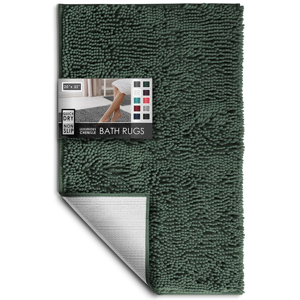 Hearth & Harbor Bathroom Rugs, Chenille Bath Mat - Machine Washable Bath Mats for Bathroom Non-Slip Backing Rubber, Quick Dry Bathroom Mat, 17 x 24 + 20 x 32 - Hunter Green