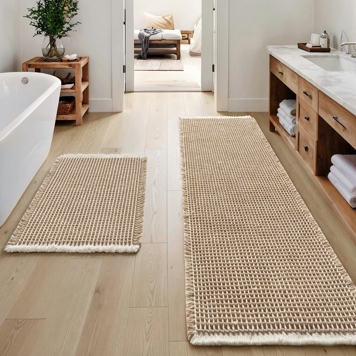 MIULEE Set of 2 Waffle Bathroom Rugs Boho Bath Mat Brown 18x30 Inch