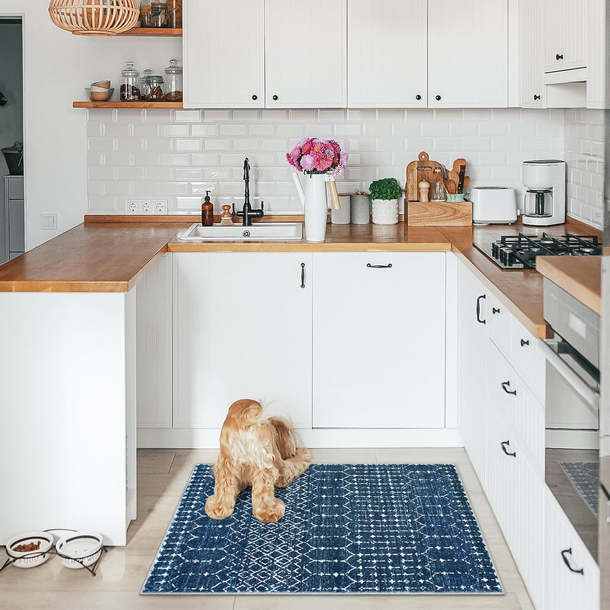 Lahome Moroccan Indoor Rugs for Entryway 2x3 Area Rug Non-Slip Backing Washable Inside Door Mats Low-Profile Throw Soft Rugs for Bathroom, Geometric Print Distressed Blue Rug for Kitchen Bedside Hana