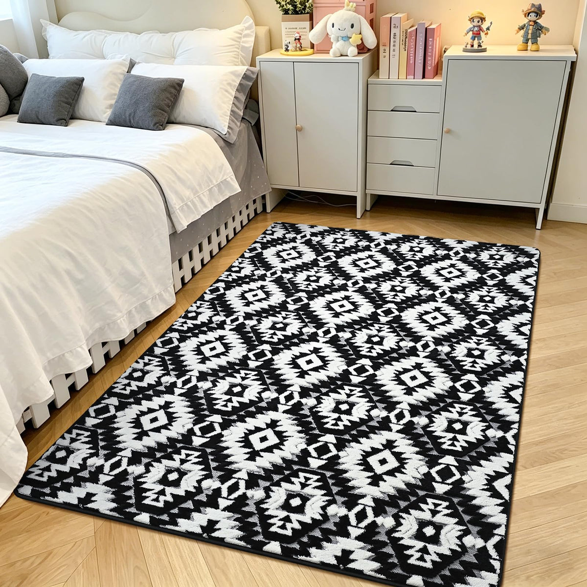 Grey Fluffy Area Rug for Bedroom, 3x5 Geometric Shag Rugs