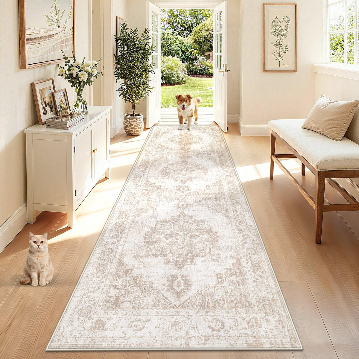 Runner Rug 2x6 Washable Rugs: Vintage Hallway Kitchen Runner Non Slip Low Pile Rug Runner Soft Stain Resistant Indoor Carpet Runners for Entryway Hall Bedroom Bedside (Beige, 2'x6')