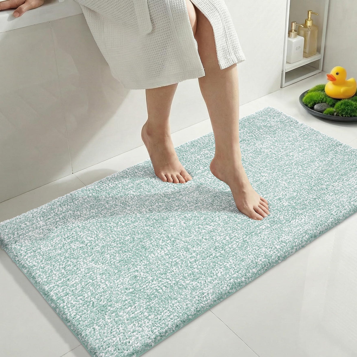 Yimobra Non Slip Machine Washable Bathroom Rug 24x17 Light Beige and White