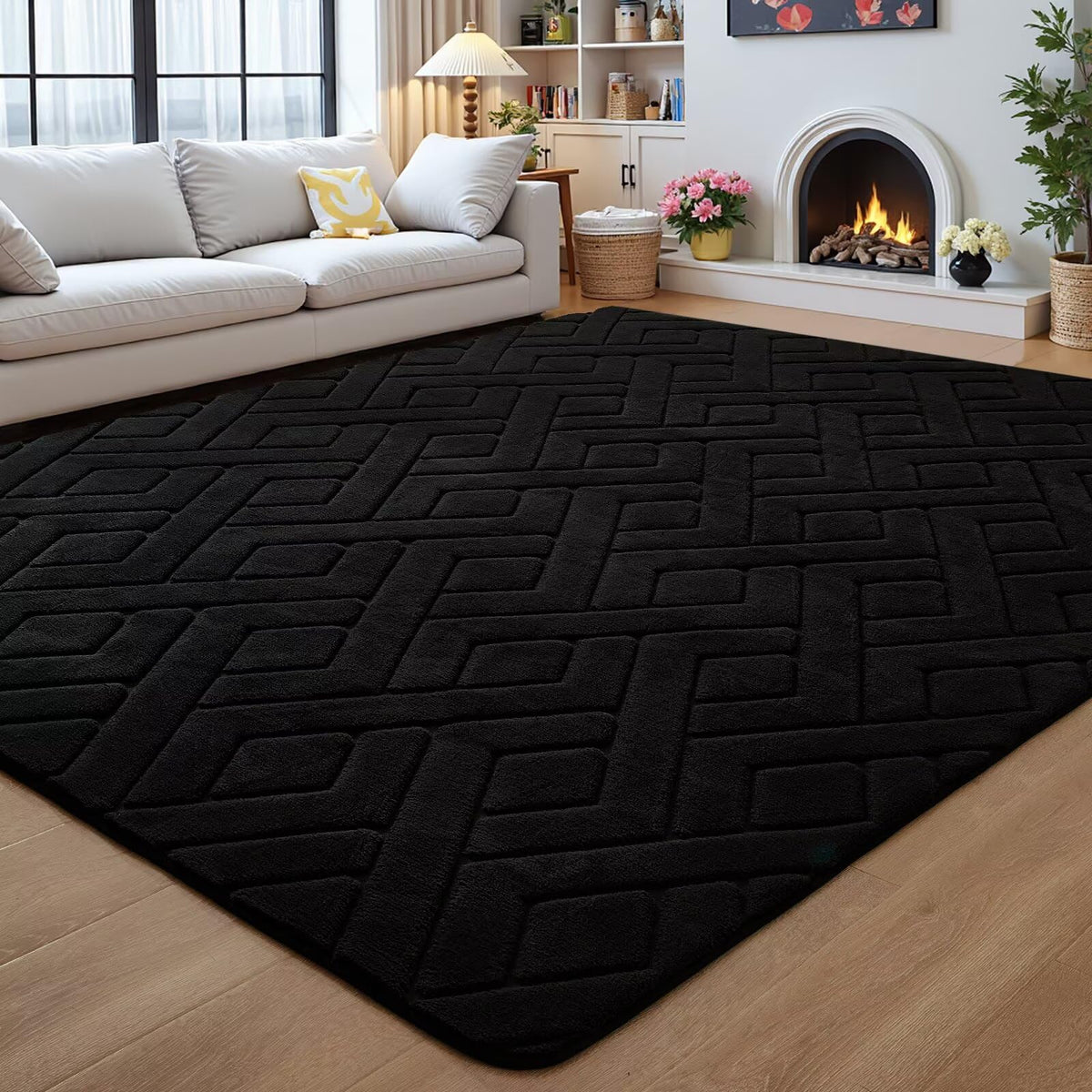Grey Fluffy Area Rug for Bedroom, 3x5 Geometric Shag Rugs