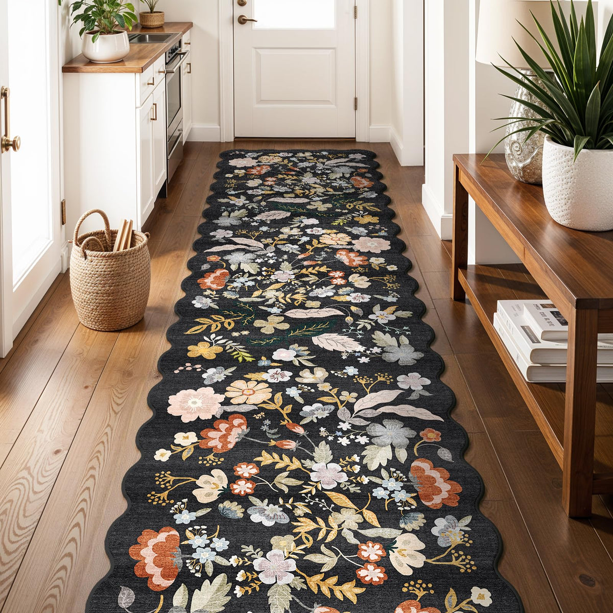 2x4 Rug Washable for Entryway - Non-Slip Scalloped Floral Throw Rug Black