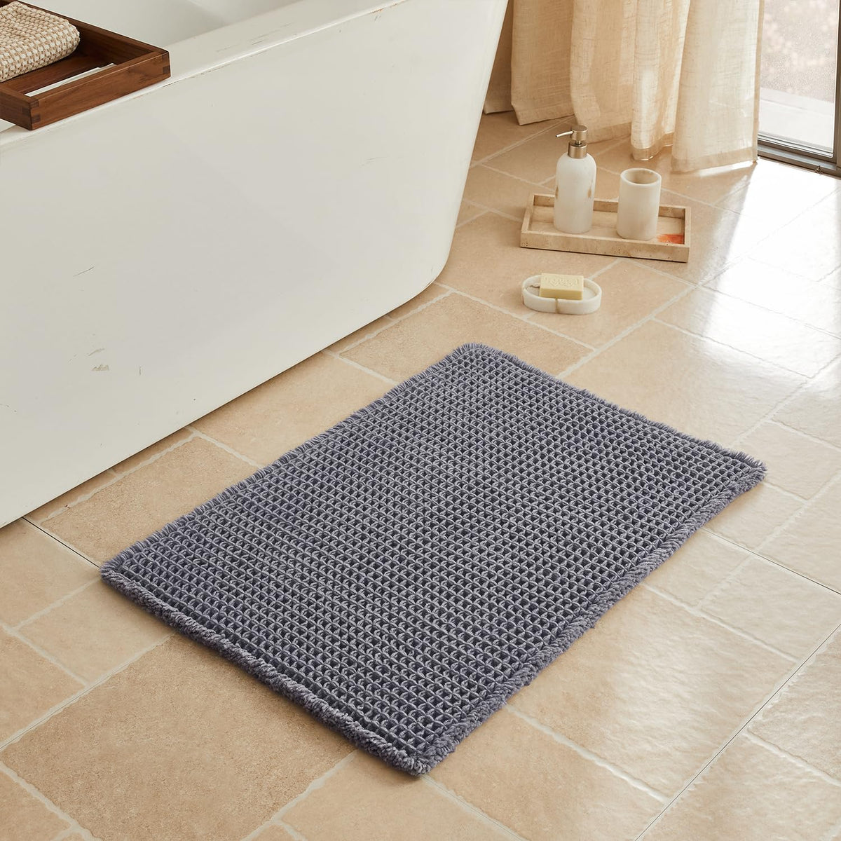 Triohero Waffle Bath Mat, Small Boho Bathroom Rugs Non Slip, 16x24 Khaki