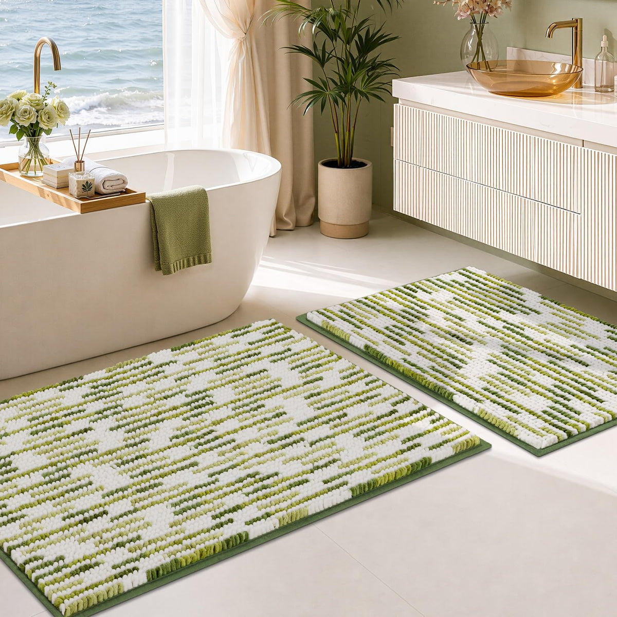 BSICPRO Bathroom Rugs Sets 2 Piece, Non Slip Striped Bath Mats, Sage
