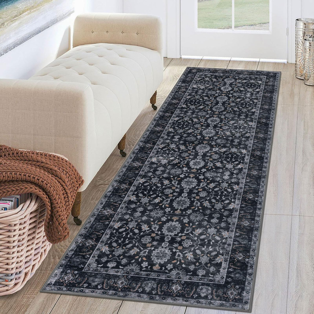 KUTA Vintage Floral Washable 2x3 Rugs for Entryway Blue Grey Beige