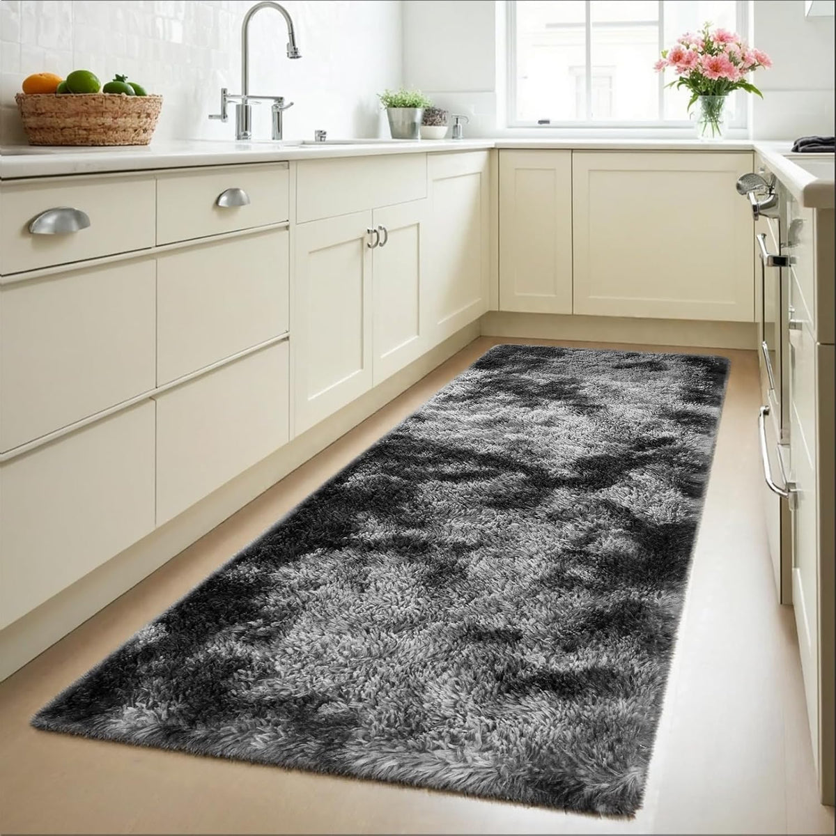 Zentavio 2x6 Runner Rugs for Hallway Shag Soft Bedroom Bedside Rugs Non Slip Fluffy Carpet for Kids Girls Boys Home Decor Aesthetic Dorm Nursery Tie-Dyed Black Grey