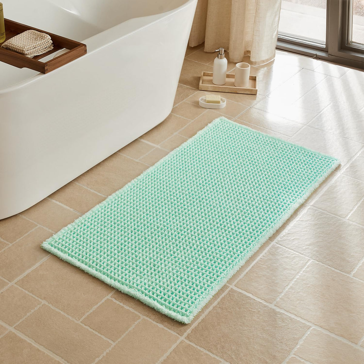 Triohero Waffle Bath Mat, Small Boho Bathroom Rugs Non Slip, 16x24 Khaki
