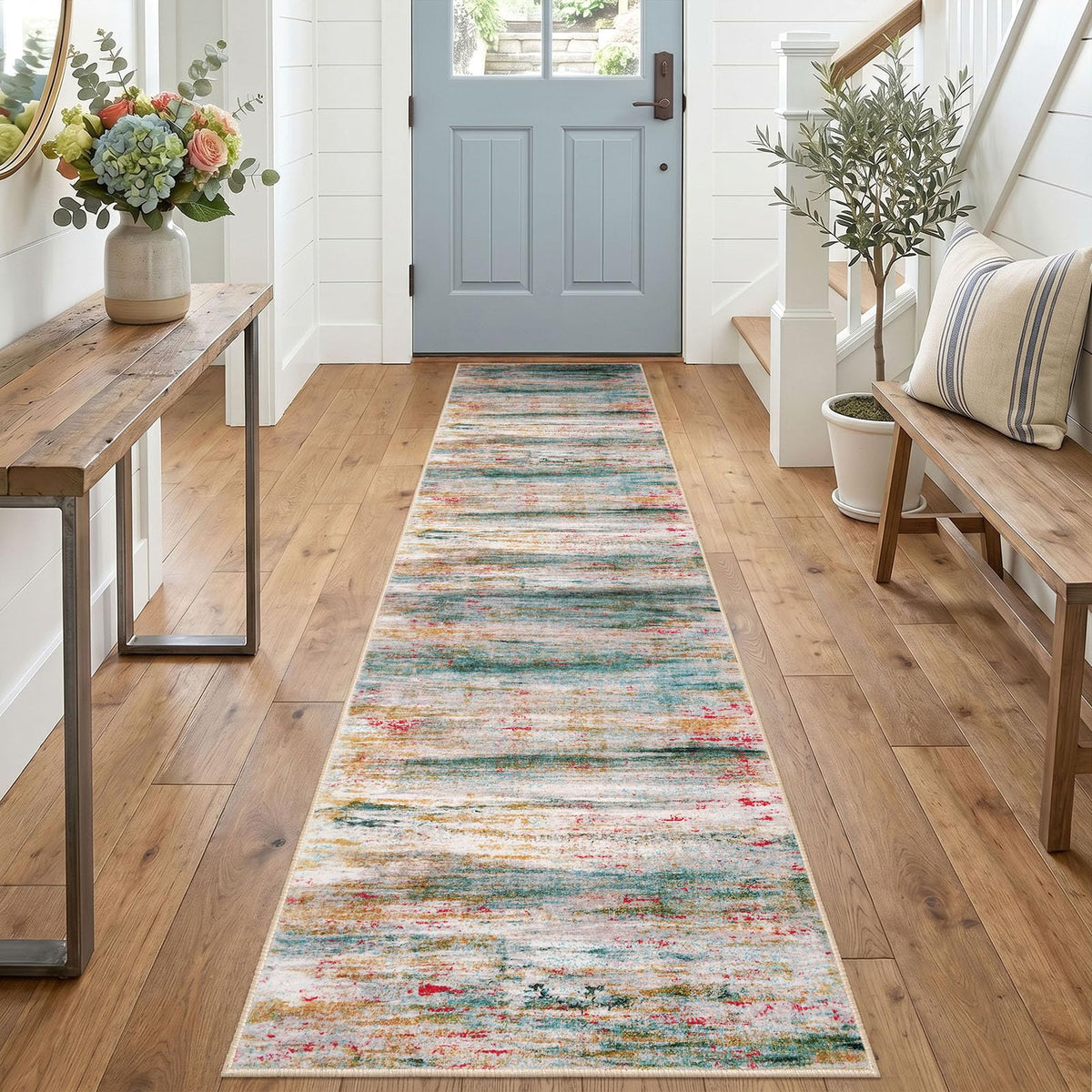 KOZYFLY Abstract Entryway Rug 2x3 Washable Door Mat Indoor Blue Beige