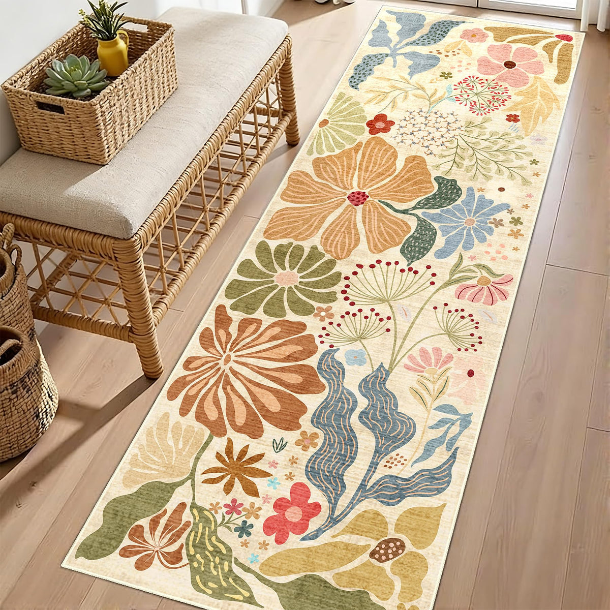 MUJOO Pink Washable 2x6 Runner Rugs Floral Area Rugs Non Slip Low-Pile