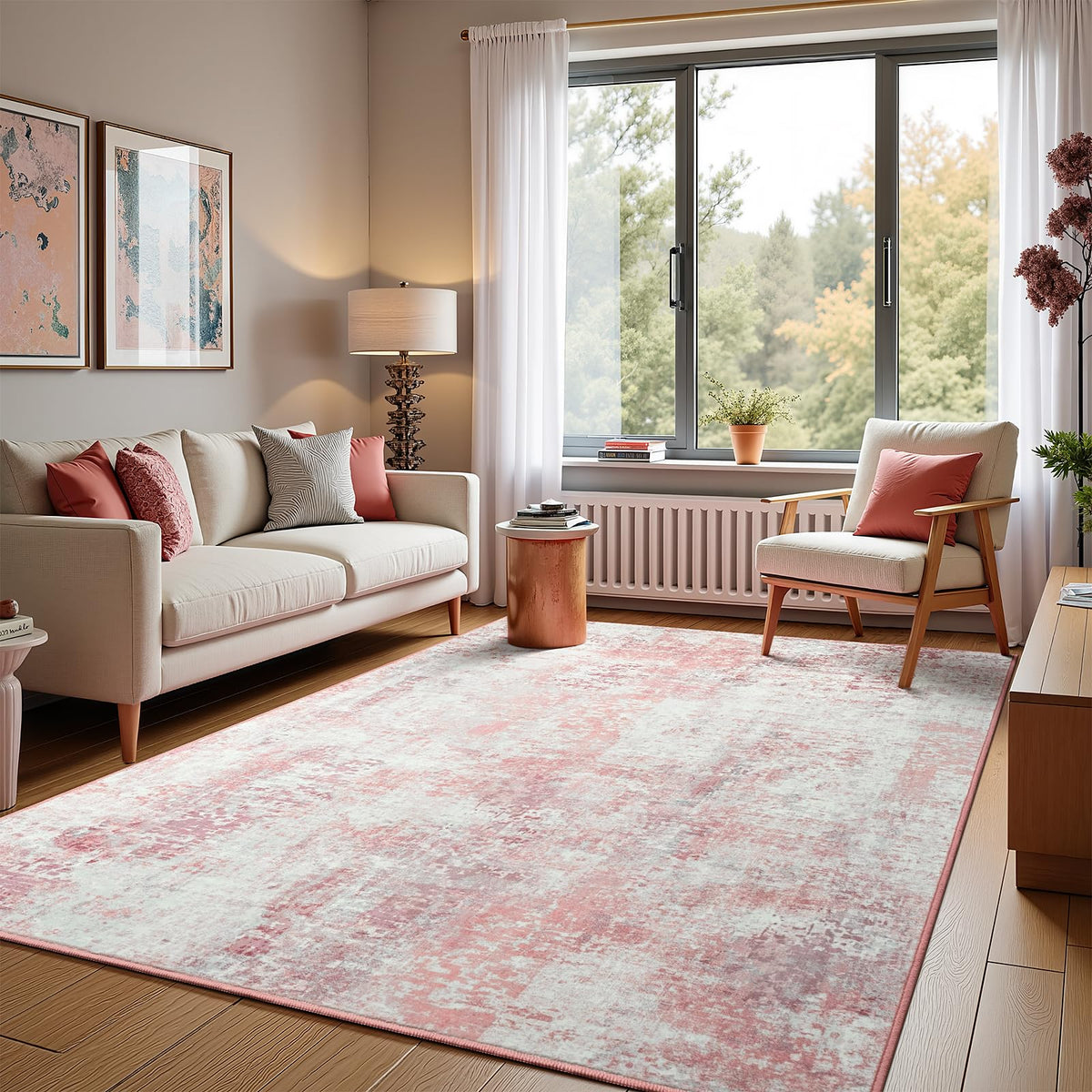 Pink Washable Runner Rug for Bedroom, Abstract Non-Slip Soft Entryway Rugs, Modern Low Pile Stain Resistant 2x6 Carpet for Entryway, Kitchen, Hallway, Bedside