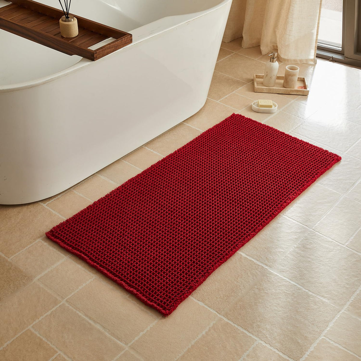 Triohero Waffle Bath Mat, Small Boho Bathroom Rugs Non Slip, 16x24 Khaki