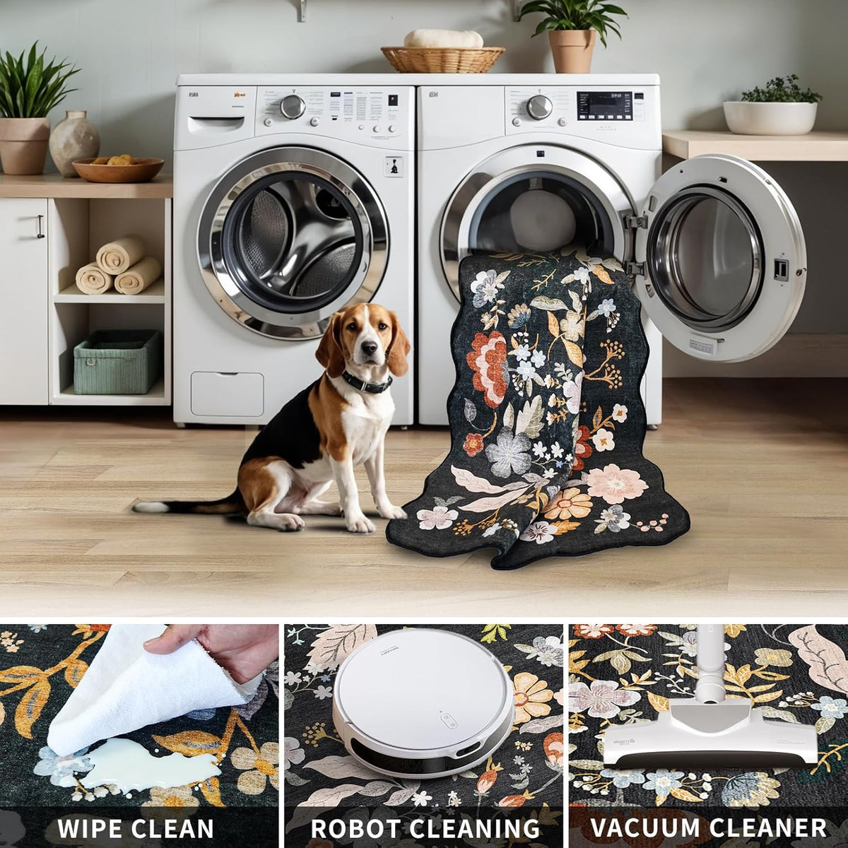 2x4 Rug Washable for Entryway - Non-Slip Scalloped Floral Throw Rug Black