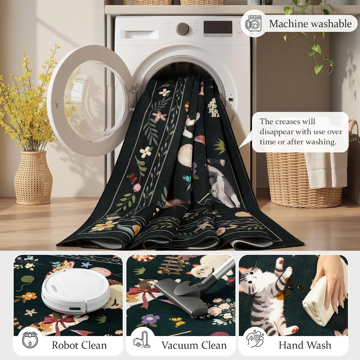 Unirea 2x3 Black Cute Cat Area Rug for Kitchen Entryway, Washable Door Mat