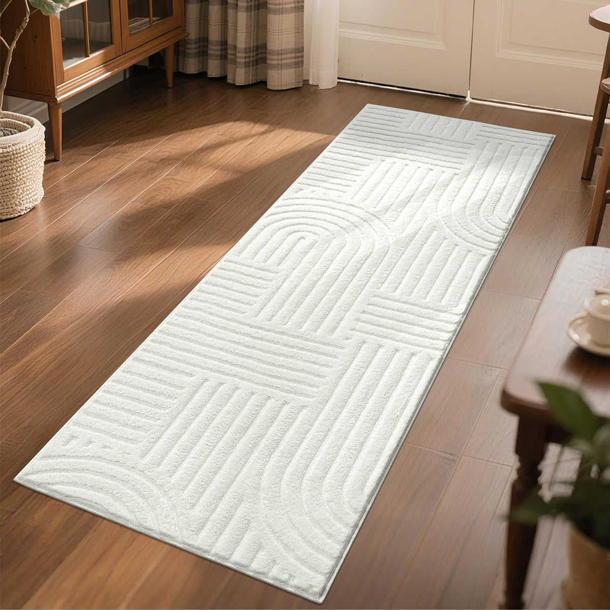 SHACOS Soft Fluffy Arch Pattern Area Rug 2'7"x5' Non Slip Washable Minimalist Modern High-Low Geometric Carpet for Living Room Kitchen Bedroom Bathroom, Beige
