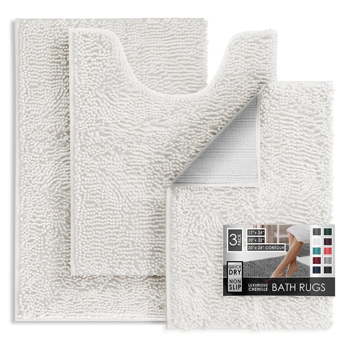 Hearth & Harbor Bathroom Rugs, Chenille Bath Mat - Machine Washable Bath Mats for Bathroom Non-Slip Backing Rubber, Quick Dry Bathroom Mat, 17 x 24 + 20 x 32 - Hunter Green