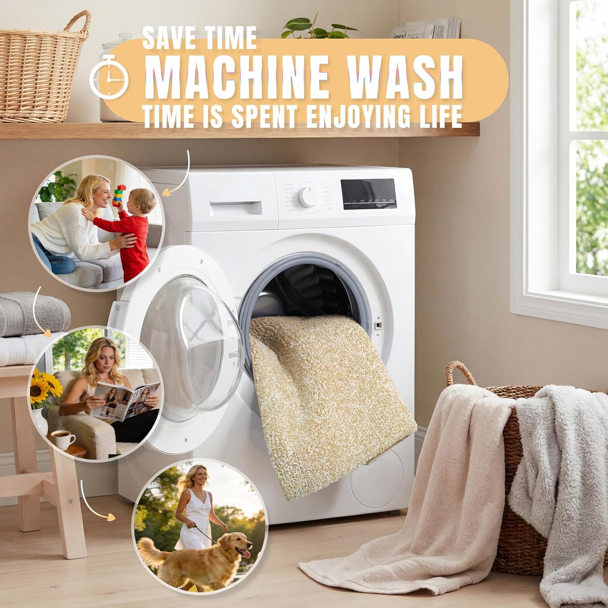 Yimobra Non Slip Machine Washable Bathroom Rug 24x17 Light Beige and White