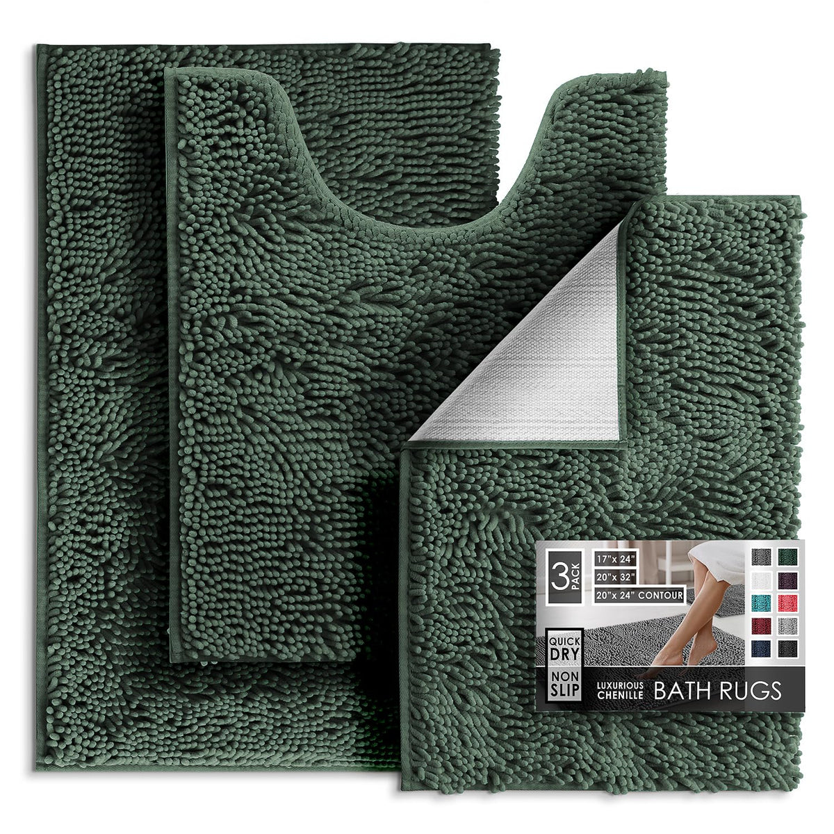 Hearth & Harbor Bathroom Rugs, Chenille Bath Mat - Machine Washable Bath Mats for Bathroom Non-Slip Backing Rubber, Quick Dry Bathroom Mat, 17 x 24 + 20 x 32 - Hunter Green