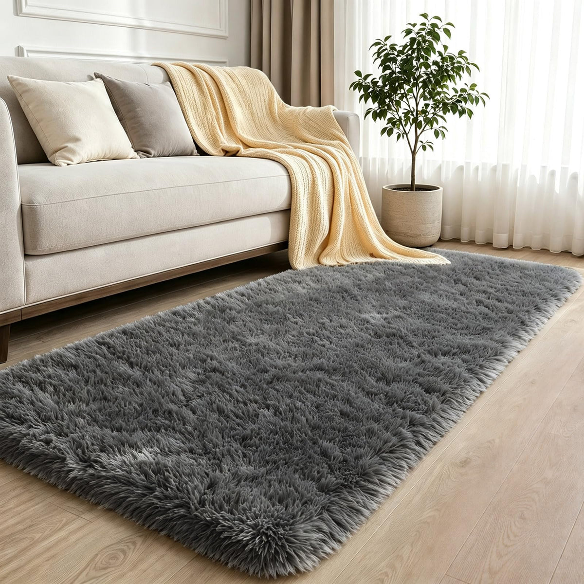 2x6 Dark Grey Fluffy Runner Rug for Hallway and Bedroom, Washable Soft Shaggy Carpet, Non-Slip Thick Shag Rug for Bedside and Living Room, Kids' and Girls' Nursery, Aesthetic Home Decor
