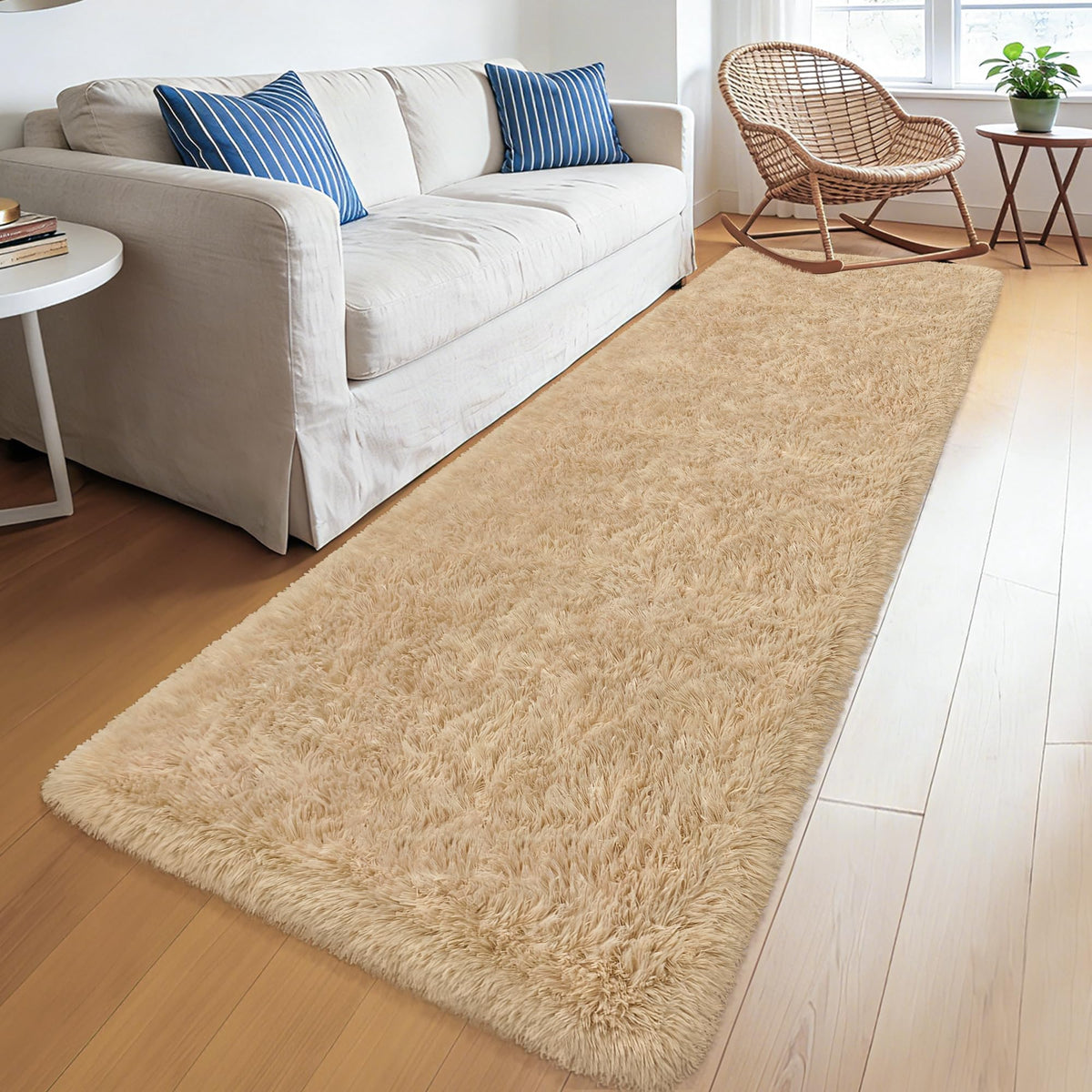 Soft Fluffy Beige Runner Rug for Bedroom, Bedside Long Rug Runner