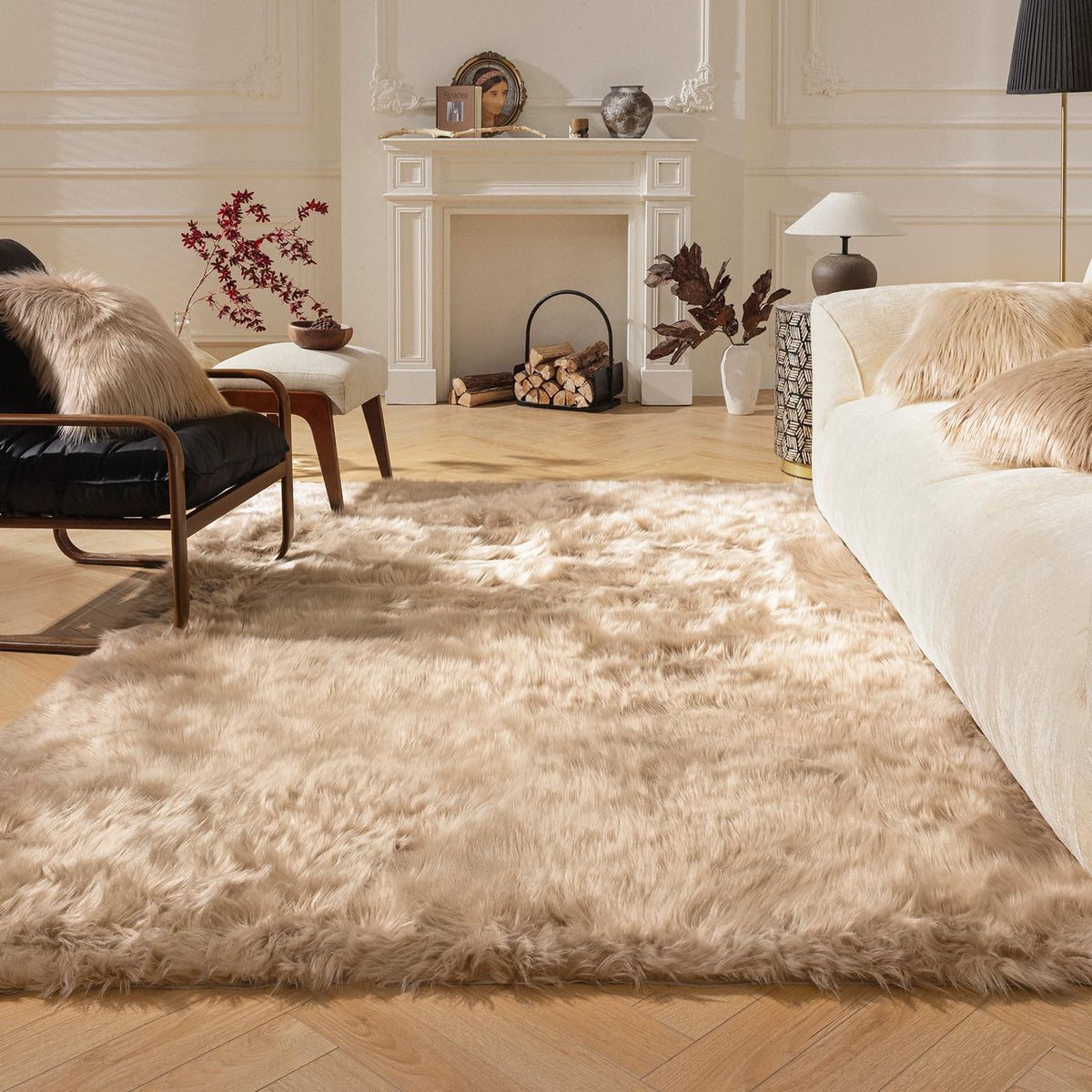 Ashler Faux Fur Rug, White, 2x3 Ft, Machine Washable