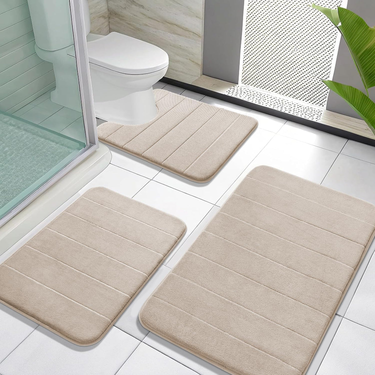 Yimobra Memory Foam Bath Mat Set 3 Pieces- Super Soft Absorbent Quick Dry Bathroom Rug Sets, Machine Washable Non Slip Floor Carpet for Tub Shower, Vanity & Toilet Base, Gray