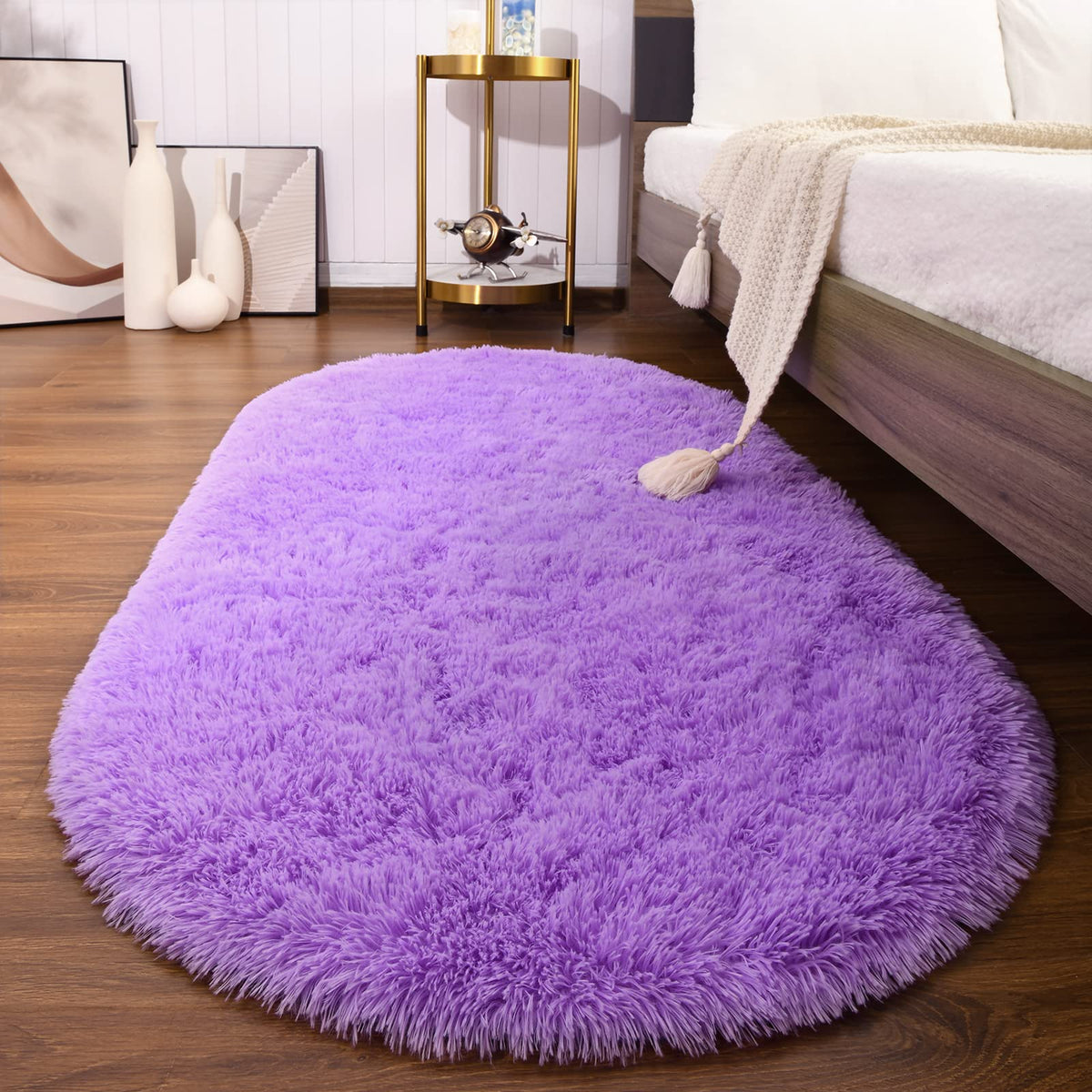 Softlife Fluffy Rugs for Bedroom, Shag Cute Area Rug for Girls/Boys and Kids Baby Room Home Decor, 2.6 x 5.3 Feet Oval Indoor Carpet for Nursery Dorm Living Room, Creamy