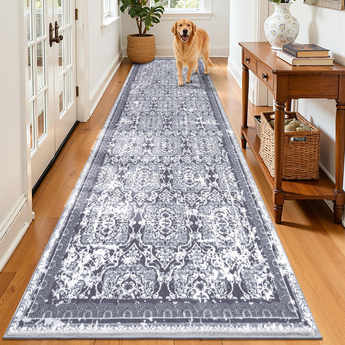 Vaukki Hallway Runner 2x6 ft, Grey Vintage Shaggy Soft Kitchen Rug