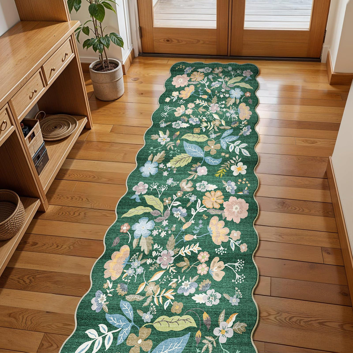 2x4 Rug Washable for Entryway - Non-Slip Scalloped Floral Throw Rug Black