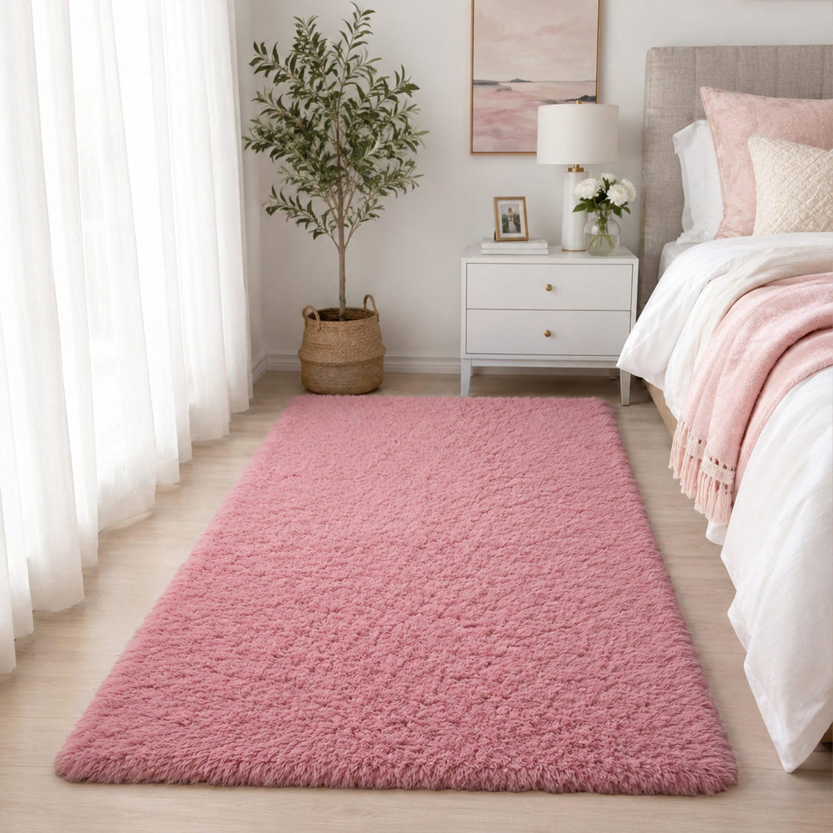 Baby Pink Fluffy Area Rug, Soft Washable, 2x5 Ft for Bedside