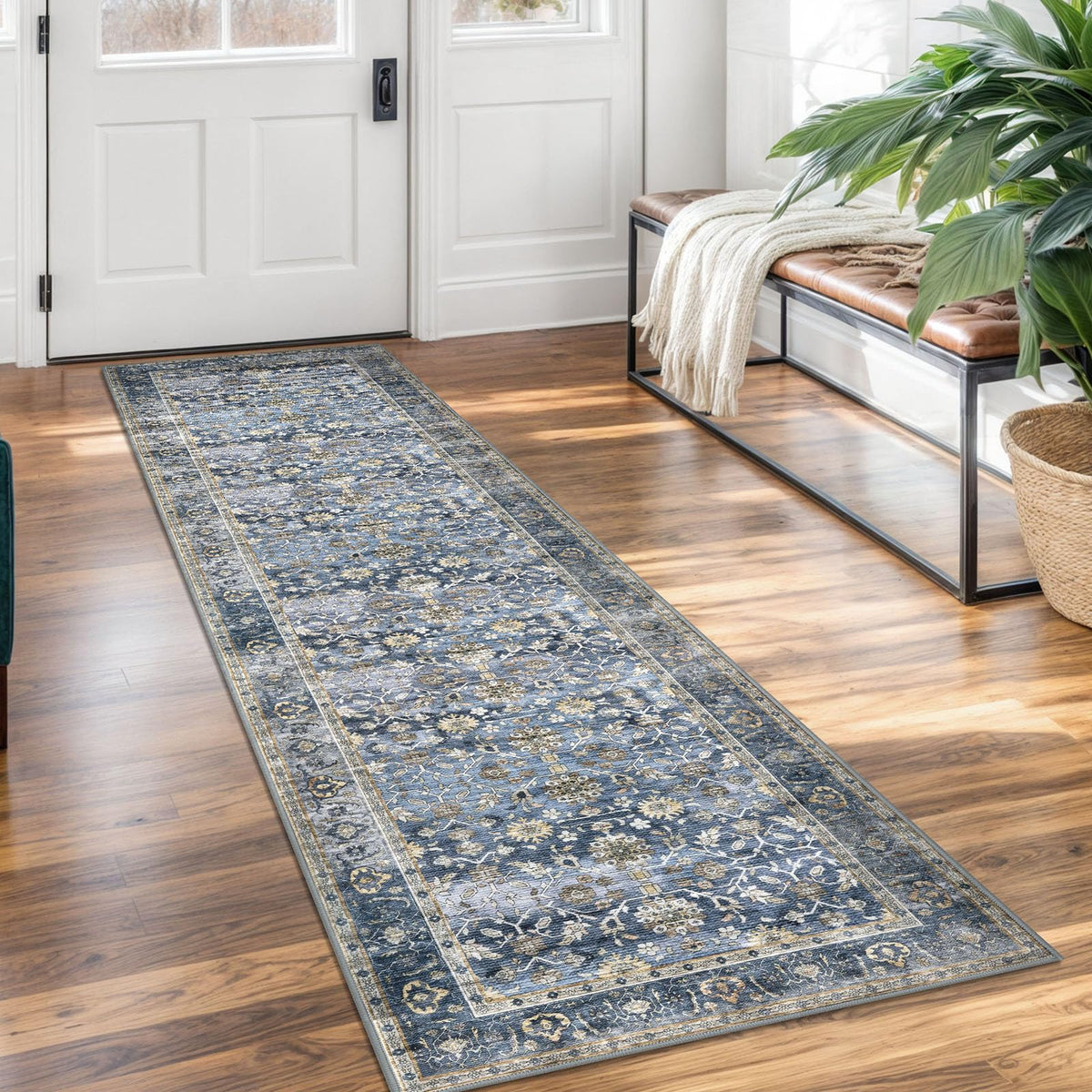 KUTA Vintage Floral Washable 2x3 Rugs for Entryway Blue Grey Beige