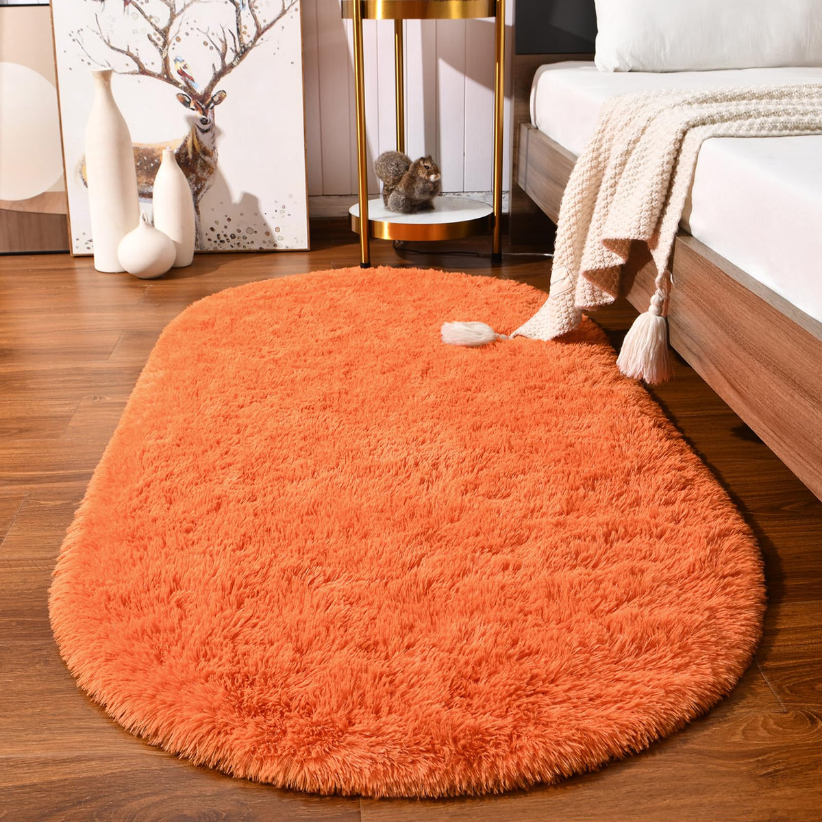 Softlife Fluffy Rugs for Bedroom, Shag Cute Area Rug for Girls/Boys and Kids Baby Room Home Decor, 2.6 x 5.3 Feet Oval Indoor Carpet for Nursery Dorm Living Room, Creamy