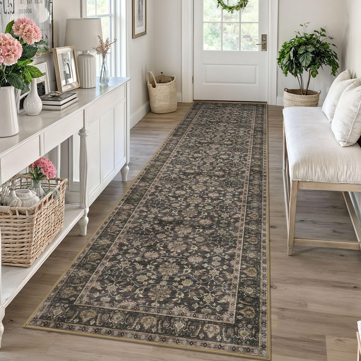 KUTA Vintage Floral Washable 2x3 Rugs for Entryway Blue Grey Beige