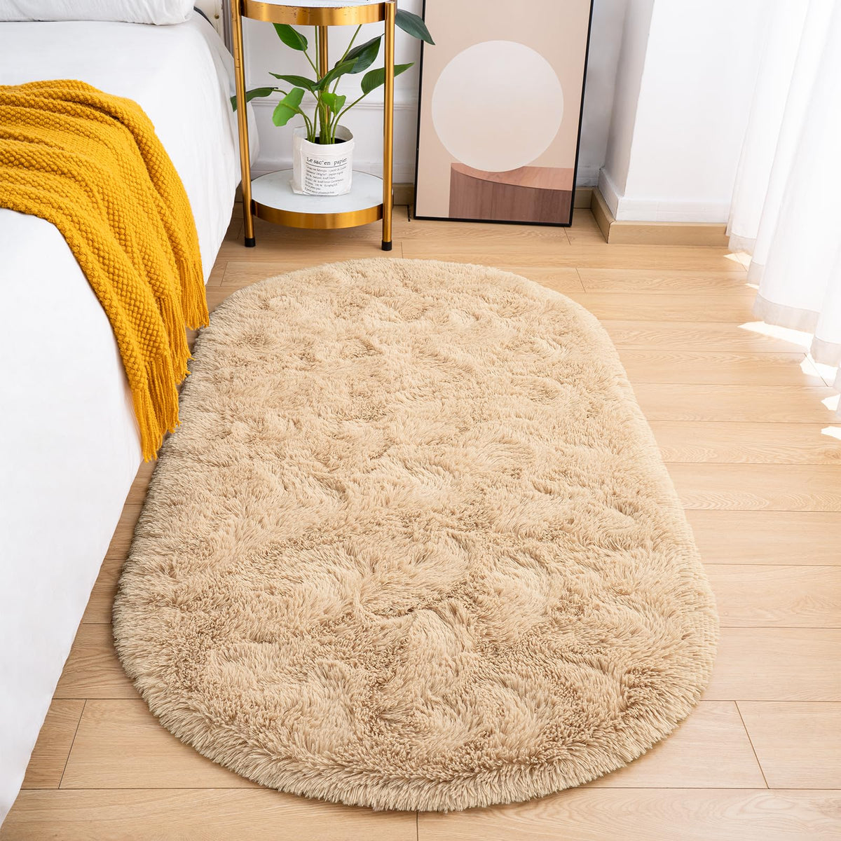 Goideal Fluffy Bedroom Rug, Small Oval Area Rugs, Cream Shag Bedside Carpet for Kids Room Nursery Dorm Cute Fuzzy Indoor Decor for Boy and Girl, 2.6 x 5.3 Feet