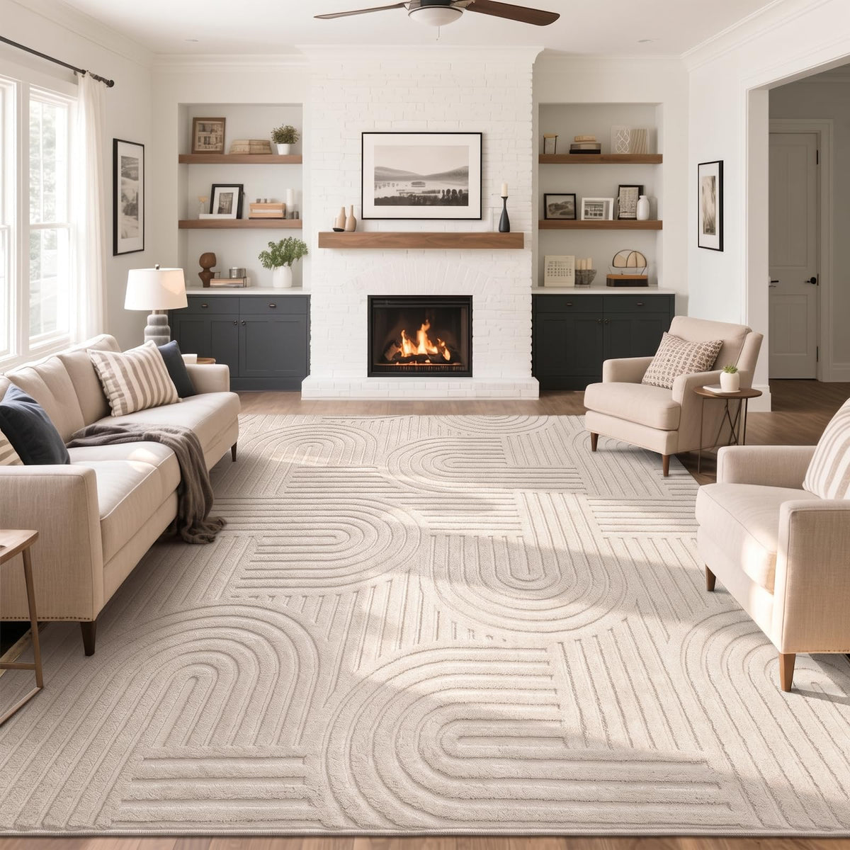 SHACOS Soft Fluffy Arch Pattern Area Rug 2'7"x5' Non Slip Washable Minimalist Modern High-Low Geometric Carpet for Living Room Kitchen Bedroom Bathroom, Beige